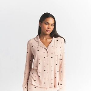 SKIMS Pink Heart-Print Button-Up Pajama Top & Bottom